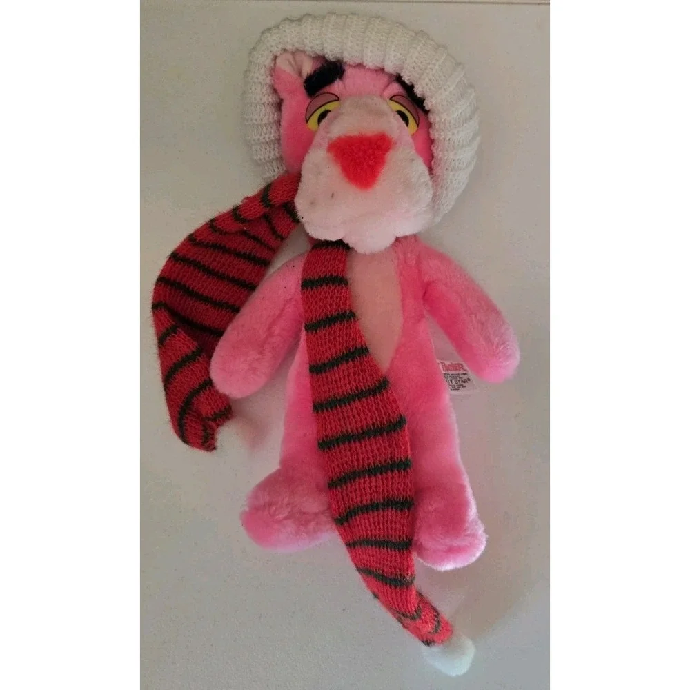 Vintage‎ Holiday Pink Panther Plush With Christmas Hat + Scarf - 12